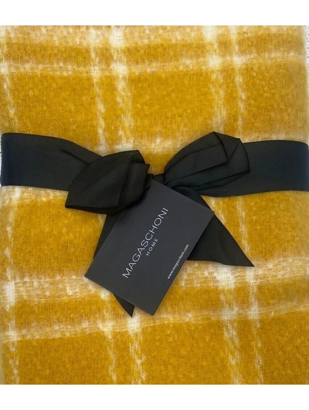 Magaschoni Mustard Plaid Throw Blanket Faux Mohair non shedding